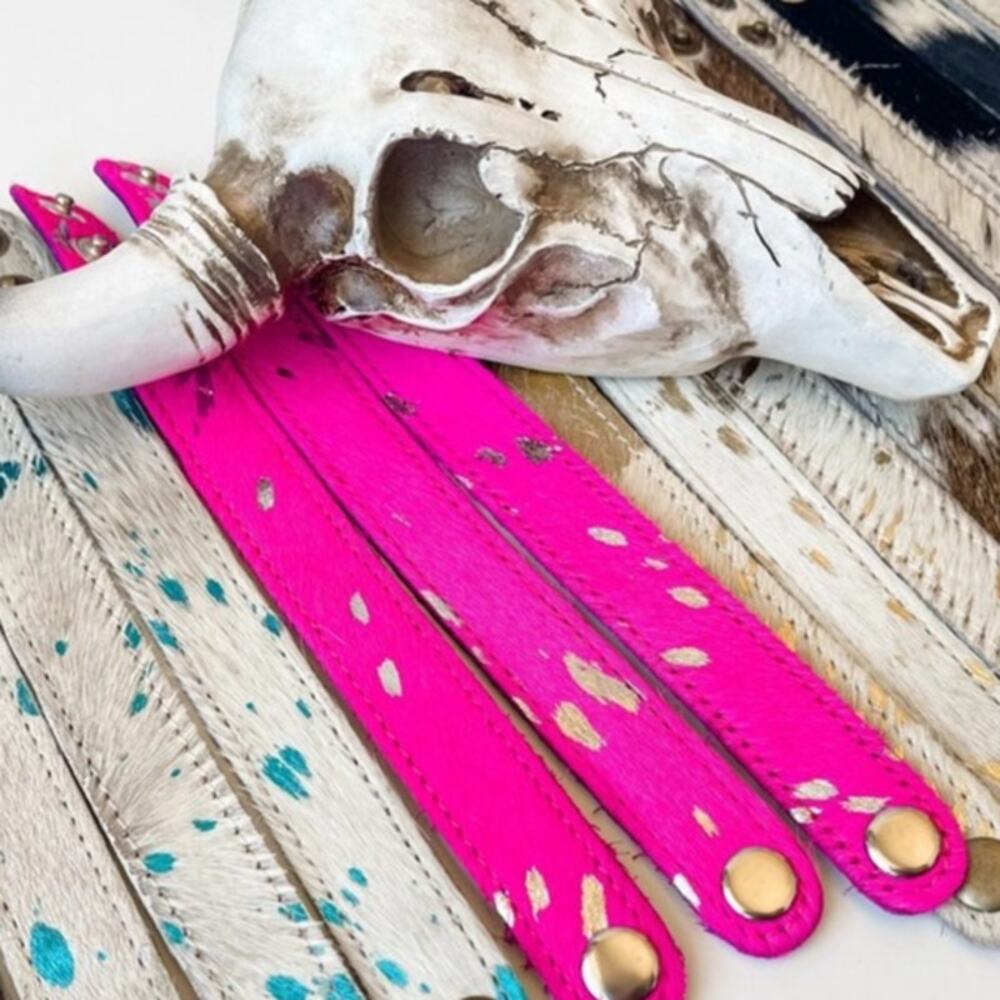Cowhide Bracelet Genuine Leather Hot Pink Silver